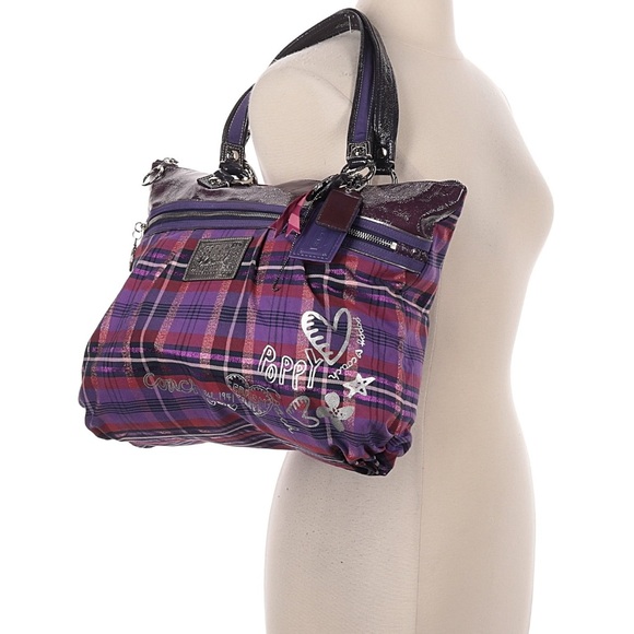 Coach Limited Edition Poppy Tartan Berry Plaid Large Glam Tote Bag - Picture 4 of 14